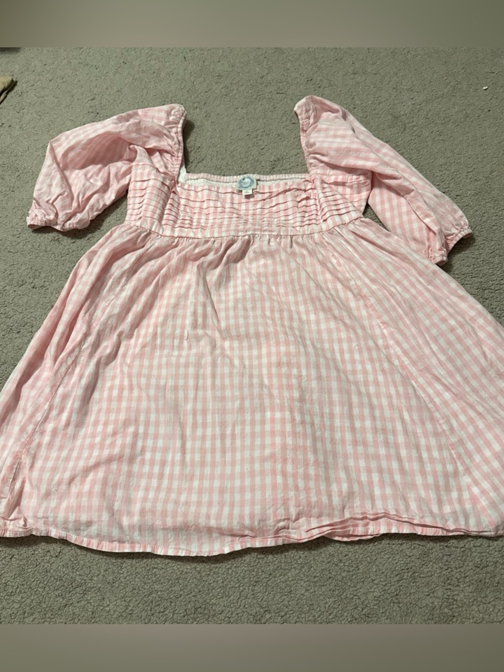 Blue Rain Pink Gingham Puff-Sleeve Smocked Dress Top